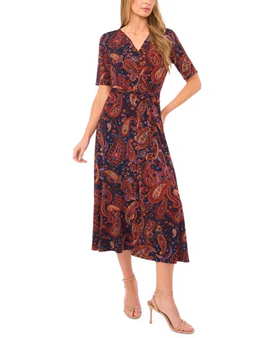 Msk Women's V-neck Tie Waist Midi Dress In Multi