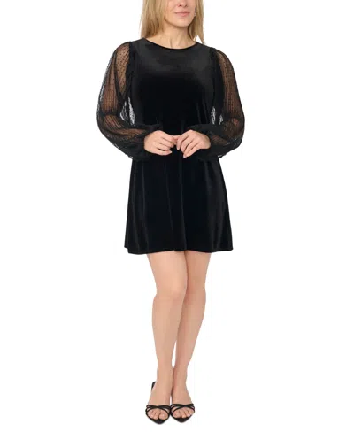 Msk Women's Velvet And Chiffon Long-sleeve Little Black Dress In Black,black