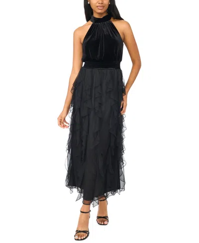 Msk Women's Velvet Cascading-ruffle Halter Maxi Dress In Black