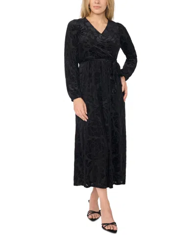 Msk Women's Velvet Floral-print V-neck Maxi Dress In Black