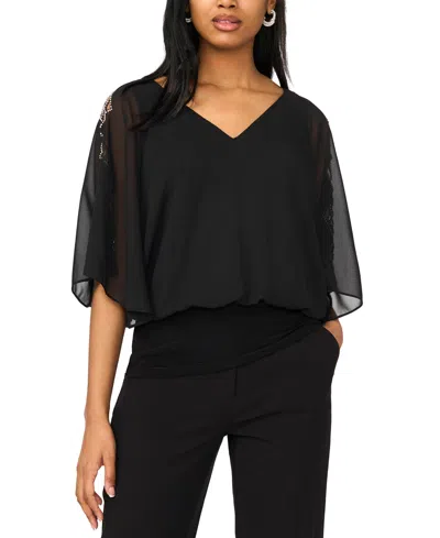 Msk Women's V-neck 3/4-length Sleeve Blouson Top In Black