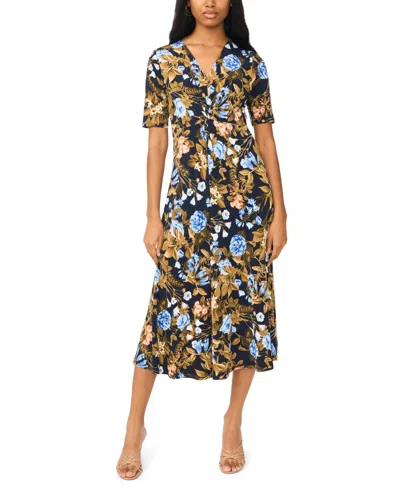 Msk Women's V-neck Twist-front Midi Dress In Animal Print