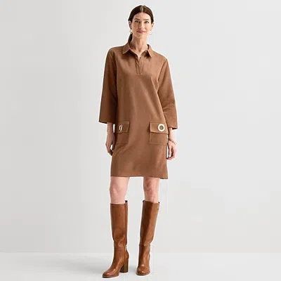 Msk Womens 3/4 Sleeve Shirt Dress In Brown