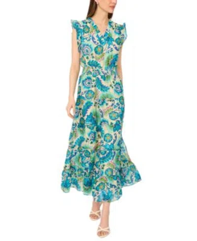 Msk Womens Flutter Sleeve Smocked Waist V Neck Maxi Dress In Blue