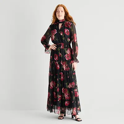 Msk Womens High Neck Long Sleeve Balloon Chiffon Maxi Dress In Black