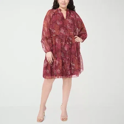 Msk Womens Long Sleeve Plus Floral Babydoll Dress In Red