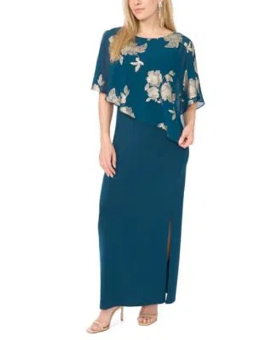 Msk Womens Metallic Floral Print Crewneck Short Sleeve Maxi Dress In Dark Fern