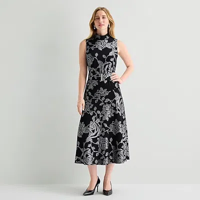 Msk Womens Midi Mock Neck Sleeveless Floral Fit + Flare Dress In Black