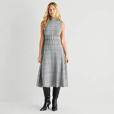 Msk Womens Midi Mock Neck Sleeveless Plaid Fit + Flare Dress In Gray