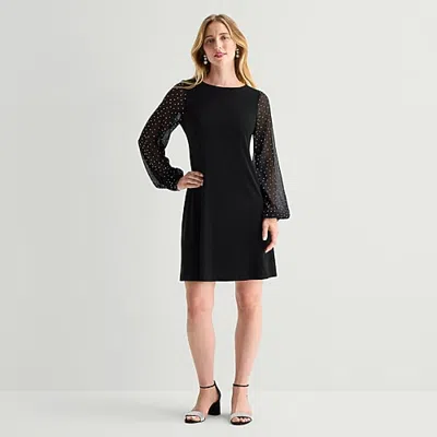 Msk Womens Midi Round Neck Long Sleeve Balloon Fit + Flare Dress In Black