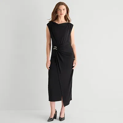 Msk Womens Midi Round Neck Sleeveless Cap Fit + Flare Dress In Black