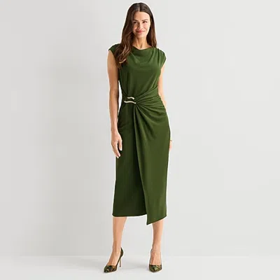 Msk Womens Midi Round Neck Sleeveless Cap Fit + Flare Dress In Green