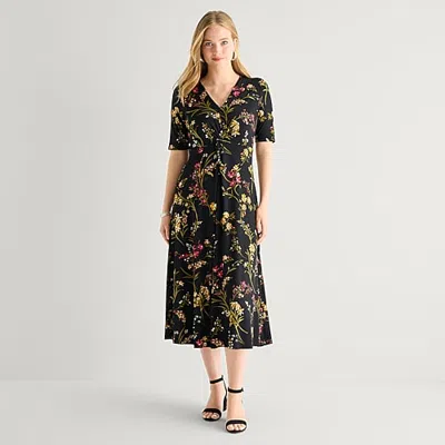 Msk Womens Midi V Neck 3/4 Sleeve Fitted Floral Fit + Flare Dress In Black