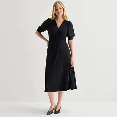 Msk Womens Midi V Neck Elbow Sleeve Puffed Fit + Flare Dress In Black