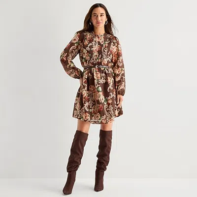 Msk Womens Mock Neck Long Sleeve Balloon Floral Fit + Flare Dress In Brown