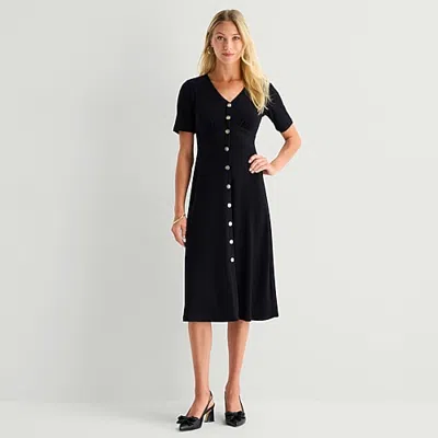 Msk Womens Petite Midi V Neck Long Sleeve Fitted Fit + Flare Dress In Black
