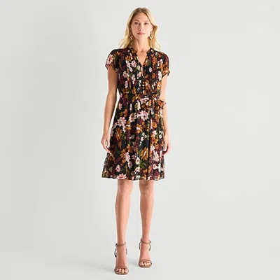 Msk Womens Petite Short Sleeve Floral Shirt Dress In Black