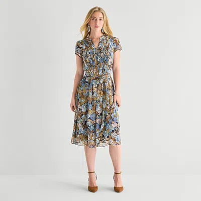 Msk Womens Petite Short Sleeve Midi Floral Shirt Dress In Blue