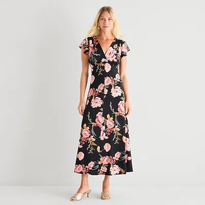 Msk Womens Petite V Neck Short Sleeve Flutter Maxi Dress In Black