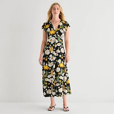 Msk Womens Petite V Neck Short Sleeve Flutter Maxi Dress In Black