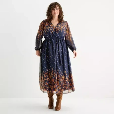 Msk Womens Plus Long Sleeve Floral Maxi Dress In Blue