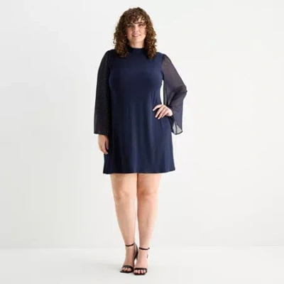 Msk Womens Plus Long Sleeve Shift Dress In Blue