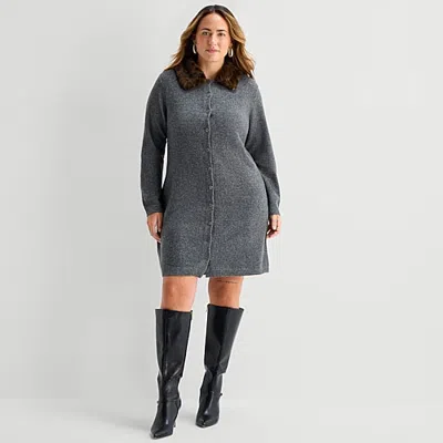 Msk Womens Plus Long Sleeve Sweater Dress In Gray