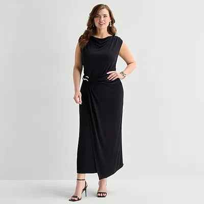 Msk Womens Plus Midi Round Neck Sleeveless Cap Fit + Flare Dress In Black