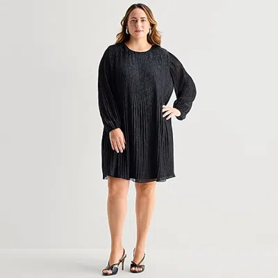Msk Womens Plus Round Neck Long Sleeve Babydoll Dress In Black