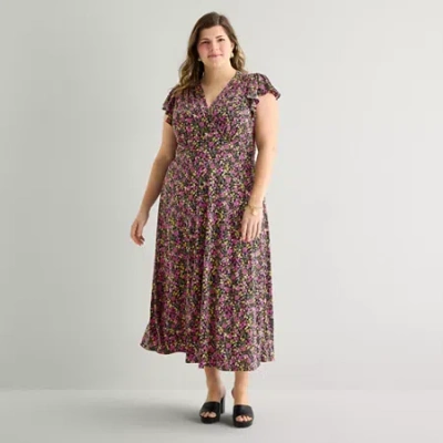 Msk Womens Plus Short Sleeve Floral Maxi Dress In Brown