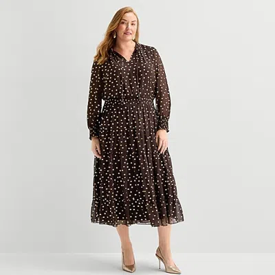 Msk Womens Plus Split Tie Neck Long Sleeve Cuffed Chiffon Maxi Dress In Brown