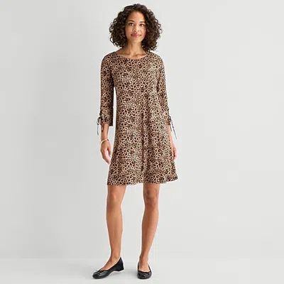 Msk Womens Round Neck 3/4 Sleeve Animal Shift Dress In Brown