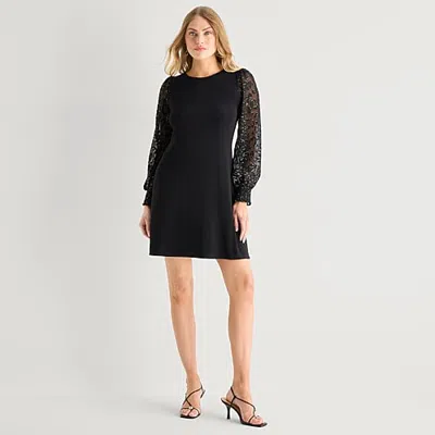 Msk Womens Round Neck Long Sleeve Balloon Fit + Flare Dress In Black