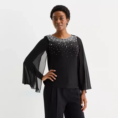 Msk Womens Round Neck Long Sleeve Embellished Blouse In Black