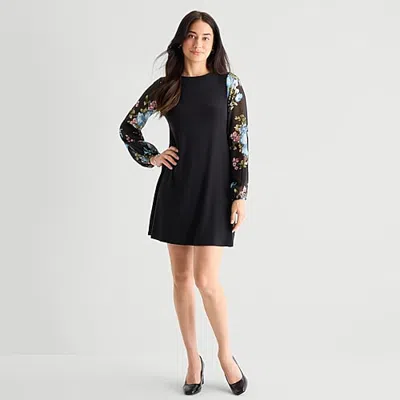 Msk Womens Round Neck Long Sleeve Floral Shift Dress In Black