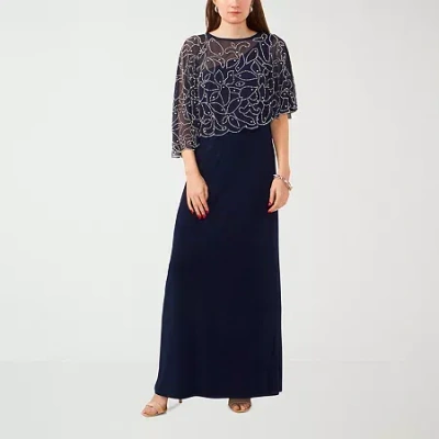 Msk Womens Round Neck Short Sleeve Cape Fitted Gown In Blue