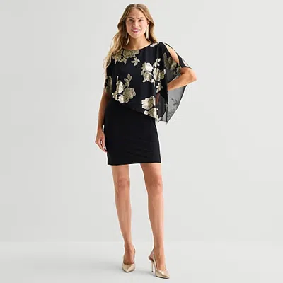 Msk Womens Round Neck Short Sleeve Floral Sheath Dress In Black