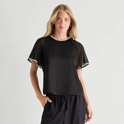 Msk Womens Round Neck Short Sleeve Satin Embellished Blouse In Black