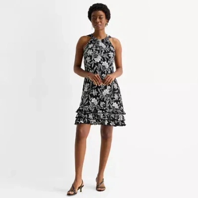 Msk Womens Round Neck Sleeveless Floral Shift Dress In Black