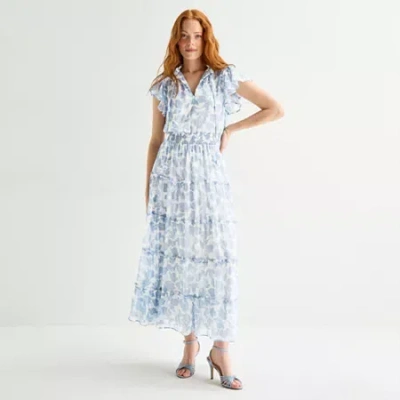 Msk Womens Short Sleeve Floral Maxi Dress In Blue