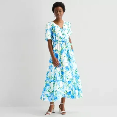 Msk Womens Short Sleeve Floral Maxi Dress In Blue