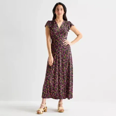 Msk Womens Short Sleeve Floral Maxi Dress In Brown