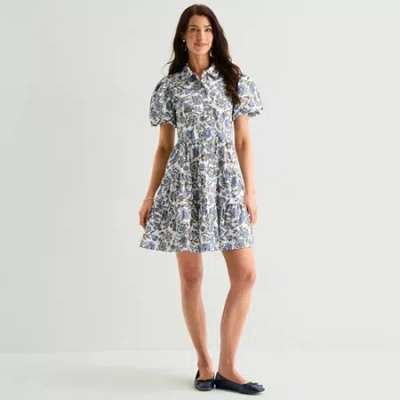 Msk Womens Short Sleeve Floral Shirt Dress In Blue