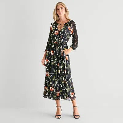 Msk Womens Split Tie Neck Long Sleeve Balloon Chiffon Maxi Dress In Black