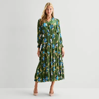 Msk Womens Split Tie Neck Long Sleeve Cuffed Maxi Dress In Green