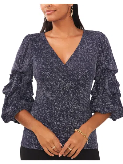 Msk Women's Glitter-knit Tiered-sleeve Surplice Top In Navy,silver