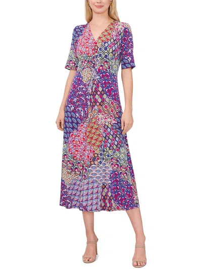 Msk Petite Mod-print Fit & Flare Collared Dress In Cobalt