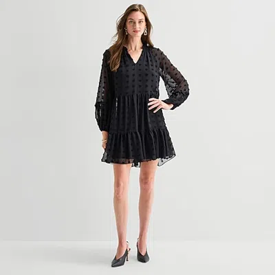 Msk Womens V Neck Long Sleeve Dots Shift Dress In Black