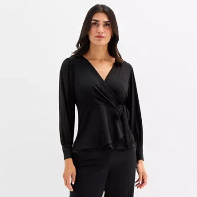 Msk Womens V Neck Long Sleeve Glitter Blouse In Black