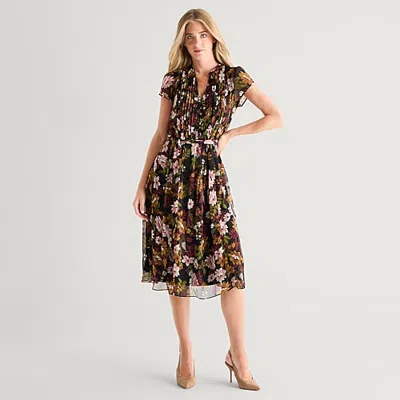 Msk Womens V Neck Short Sleeve Cap Chiffon Floral Fit + Flare Dress In Brown
